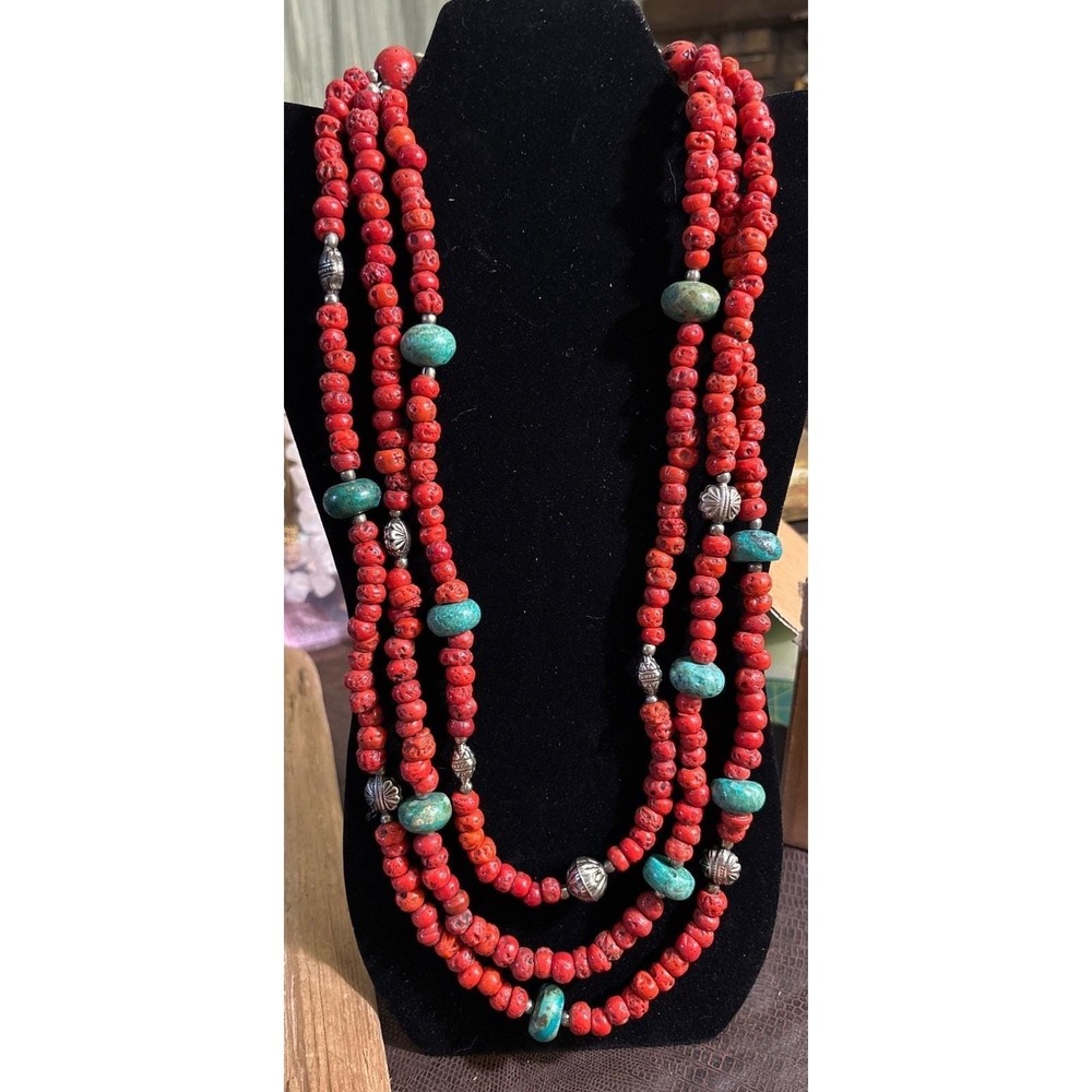 VTG Tibetan Red Coral & Turquoise Beaded Necklace With Silver Accents